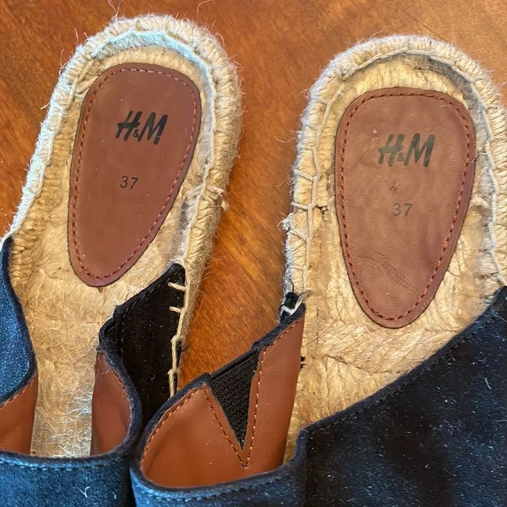 H&M Black Suede Espadrille Slides - Size 37